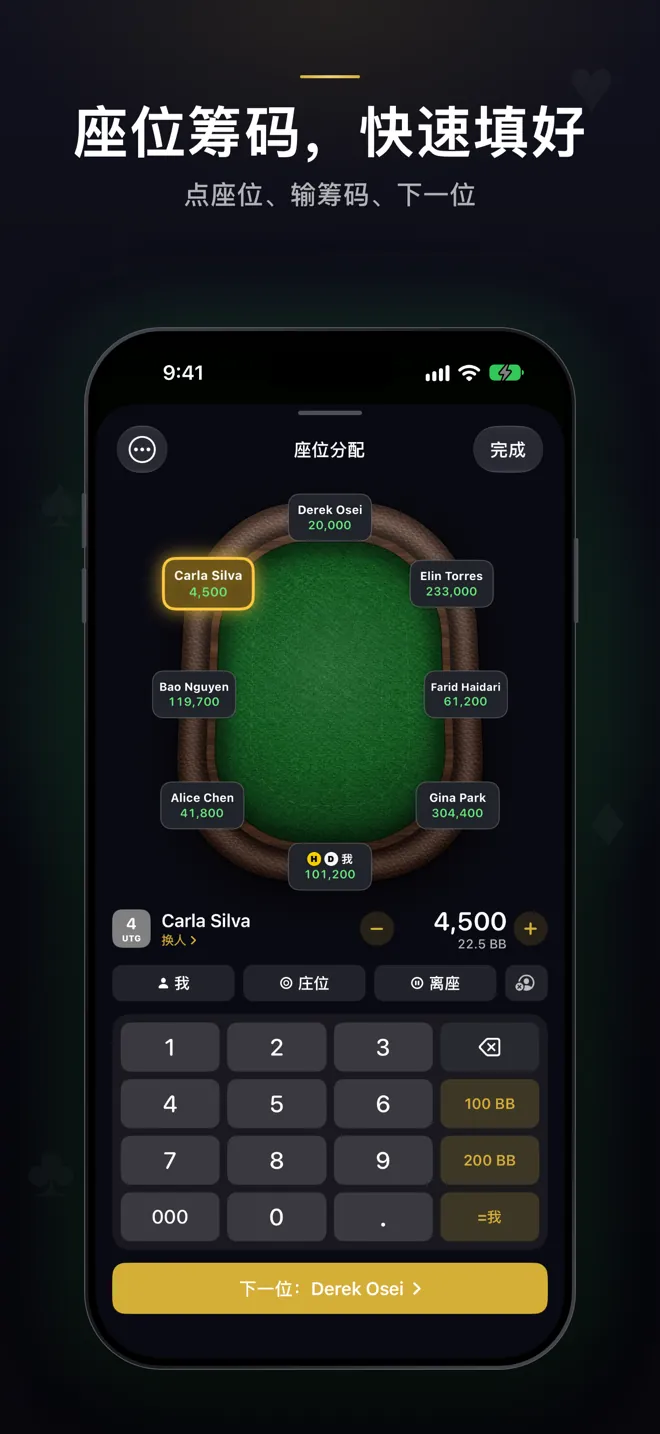 座位与筹码界面:牌桌上每位玩家的筹码,下方是带 100 BB、200 BB 和“同自己”快捷键的数字键盘